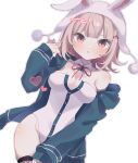  1girl animal_ears animal_hood black_leotard danganronpa_(series) danganronpa_2:_goodbye_despair fake_animal_ears flipped_hair galaga groin hair_ornament heart highres hood jacket leotard long_sleeves looking_at_viewer lu_(sa_yasu_28) medium_hair nanami_chiaki neck_ribbon open_clothes playboy_bunny rabbit_ears rabbit_hood ribbon simple_background solo two-tone_leotard white_background white_leotard 