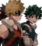  2boys :d bakugou_katsuki bare_shoulders black_tank_top bleeding blonde_hair blood blood_on_face bodysuit boku_no_hero_academia bright_pupils curly_hair detached_sleeves dirty dirty_clothes eye_mask film_grain freckles from_side gloves green_bodysuit green_eyes green_hair hair_between_eyes hand_up headgear highres keta_(peeepeenope) looking_at_another looking_away looking_to_the_side male_focus midoriya_izuku multiple_boys open_mouth parted_lips profile red_eyes scratches short_hair side-by-side sideways_mouth simple_background sleeveless smile spiked_hair tank_top teeth torn_mask upper_body upper_teeth_only v-neck white_background white_gloves white_pupils x 