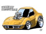  artist_name car chevrolet chevrolet_corvette chevrolet_corvette_c3 chibi engine glint highres motor_vehicle no_humans original signature sports_car tegran vehicle_focus vehicle_name white_background yellow_car 