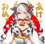  1girl 2021 :q akeome animal_ears animal_print bell black_gloves black_hair breasts chinese_zodiac cleavage cow_ears cow_girl cow_horns cow_print cowbell dated detached_sleeves ear_tag fingerless_gloves flower gloves hair_flower hair_ornament happy_new_year horns japanese_clothes large_breasts long_hair looking_at_viewer multicolored_hair mzh neck_bell new_year orange_eyes original pelvic_curtain red_flower signature solo tongue tongue_out very_long_hair white_hair wide_sleeves year_of_the_ox 