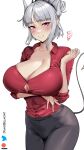  1girl arm_under_breasts black_pants breasts cleavage commentary_request cowboy_shot damodar grin hand_up helltaker highres horns large_breasts leggings looking_at_viewer lucifer_(helltaker) pants pink_eyes red_shirt shirt short_hair simple_background smile solo standing tail thighs white_background white_hair 