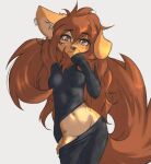  2023 absurd_res anthro apogee_(tinygaypirate) bottomwear bottomwear_down breasts canid canine canis clothed clothing digital_media_(artwork) domestic_dog female female_anthro floppy_ears fur hair hi_res kemono long_hair looking_at_viewer mammal navel pants pants_down partially_clothed piercing small_breasts solo spitz tail tattoo tight_clothing tinygaypirate 