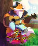  2023 absurd_res acoustic_guitar anthro blurred_background brown_body brown_fur canid canine clothed clothing cloud day digital_media_(artwork) epic_games eyes_closed fennix_(fortnite) fortnite fox fully_clothed fur gesture gloves grass guitar handwear hi_res leo-wolf male mammal musical_instrument open_mouth orange_body orange_eyes orange_fur outside plant playing_music plucked_string_instrument red_fox sitting sky solo string_instrument teeth tongue tree white_body white_fur 