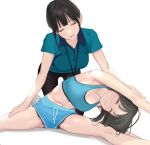  2girls ama_mitsuki armpits arms_up assisted_stretching black_hair blue_bra blue_shorts blunt_bangs blush bra breasts closed_eyes closed_mouth dolphin_shorts exercise flexible highres kneeling long_hair multiple_girls navel open_mouth original shirt short_sleeves shorts sitting smile split sports_bra spread_legs stretching underwear wide_spread_legs 