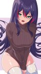  1girl absurdres alternate_costume aqua_eyes black_hair breasts brown_sweater commentary english_commentary highres itsrice large_breasts long_hair mika_melatika multicolored_hair nijisanji open_mouth red_hair solo streaked_hair sweater thighhighs very_long_hair virtual_youtuber white_thighhighs 