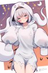  absurdres black_hairband blue_eyes blush bob_cut frayed_clothes ghost_costume grey_hair hairband halloween halloween_costume highres hood hoodie konpaku_youmu looking_at_viewer open_mouth otowa_(otoha4634) oversized_clothes short_hair sleeves_past_fingers sleeves_past_wrists touhou white_hoodie 