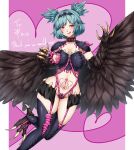  1girl absurdres bird_legs black_feathers black_wings blush breasts claws commentary commission feathers green_hair hamham_121 harpy highres indie_virtual_youtuber licking_lips lincoro living_clothes medium_breasts monster_girl navel nipples pointy_ears red_eyes short_hair short_twintails skeb_commission solo stomach_tattoo talons tattoo tentacle_clothes thank_you tiara tongue tongue_out twintails virtual_youtuber winged_arms wings 