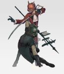  1boy 1girl absurdres black_cat cat cat_mask coat fox_mask highres holding holding_sword holding_weapon improvised_weapon lies_of_p mask non-web_source red_fox sword weapon white_background 