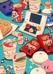  artist_name berry_(pokemon) bottle box can candy canned_milk chopsticks commentary cork corked_bottle cup_ramen english_commentary food game_boy game_boy_color handheld_game_console highres jauni_(tofublock) kirby kirby_(series) leppa_berry lon_lon_milk magikarp mario_(series) milk_bottle mochi napkin nintendo_ds no_humans noodles oran_berry pecha_berry pocky pokemon ramen sparkle super_mushroom taiyaki the_legend_of_zelda wagashi want_want white_rabbit_candy yakult 