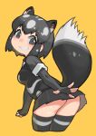  1girl animal_ears black_hair elbow_gloves extra_ears fingerless_gloves gloves grey_eyes grey_hair highres kemono_friends kneehighs looking_at_viewer multicolored_hair necktie rinx shirt short_hair simple_background skirt skunk_ears skunk_girl skunk_tail smile socks solo spotted_skunk_(kemono_friends) tail two-tone_hair yellow_background 