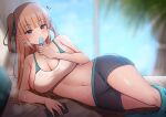  1girl absurdres bare_shoulders black_shorts blonde_hair blue_eyes blunt_bangs blush breasts cellphone cleavage curvy feet_out_of_frame food food_in_mouth highres large_breasts long_hair looking_at_viewer lying midriff mole mole_on_breast navel on_bed on_side original phone popsicle popsicle_in_mouth ryakusun short_shorts shorts sidelocks smartphone solo sports_bra two_side_up under_covers 