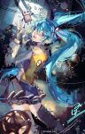  1girl 1other absurdres aqua_eyes aqua_hair black_skirt bodysuit clogs digital_dissolve fingerless_gloves floating floating_hair floating_object gears gloves grey_bodysuit hatsune_miku headphones heartbeat_(module) highres light_blush long_hair looking_at_viewer looking_back odds_&amp;_ends_(vocaloid) open_mouth orange_bodysuit robot skirt solo tearing_up thighhighs tsuduho_siw turning_head twintails two-tone_bodysuit two-tone_leotard very_long_hair vocaloid zettai_ryouiki 
