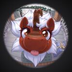  2023 absurd_res asian_mythology blep brown_body brown_eyes brown_scales chinese_mythology dandy_(artist) east_asian_mythology eyelashes fan_character female feral fisheye_lens fur gift hasbro hi_res horn kirin looking_at_viewer my_little_pony mythology red_body red_fur scales solo tongue tongue_out winter 