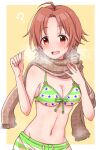  1girl ? absurdres ahoge bare_shoulders bikini breasts breath brown_eyes brown_hair brown_scarf cleavage dot_nose front-tie_bikini_top front-tie_top green_bikini hands_up highres idolmaster idolmaster_cinderella_girls idolmaster_cinderella_girls_starlight_stage large_breasts mariabowl midriff navel open_mouth print_bikini red_eyes saito_yoko scarf short_hair simple_background smile solo star_(symbol) star_print sweatdrop swimsuit yellow_background 