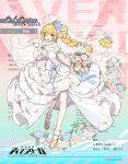  1girl blonde_hair bouquet copyright_name dress floating flower full_body gloves hair_flower hair_ornament highres holding holding_bouquet iron_saga official_alternate_costume official_art one_eye_closed orange_eyes ribbon smile taylor_(iron_saga) ufo veil wedding_dress 