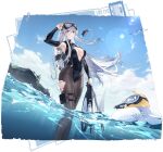  1girl arm_up armpit_cutout armpits azur_lane black_pantyhose black_wetsuit bodysuit breasts center_opening clothing_cutout diving_mask diving_suit enterprise_(azur_lane) enterprise_(diving_under_blue_skies)_(azur_lane) goggles highres kurumi_(recycllamo) large_breasts manjuu_(azur_lane) official_alternate_costume official_art pantyhose purple_eyes scuba scuba_tank solo torn_clothes torn_pantyhose water wetsuit 