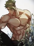  1boy abs achilles_(fate) black_pants blurry blurry_foreground brown_eyes closed_mouth collarbone fate/apocrypha fate_(series) green_hair haruakira highres holding holding_clothes holding_jacket jacket large_pectorals looking_at_viewer male_focus mature_male muscular muscular_male outdoors pants pectorals serious short_hair solo topless_male 