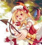  1girl absurdres adapted_costume apple arm_ribbon blonde_hair bow breasts collar crystal dress flandre_scarlet food foreshortening frilled_collar frills from_below fruit hair_between_eyes hair_ribbon hat hat_bow highres holding holding_food holding_fruit jack-o&#039;-lantern laevatein_(touhou) lazy_cat mob_cap one_side_up open_mouth red_apple red_bow red_dress red_eyes ribbon short_sleeves small_breasts solo teeth touhou upper_teeth_only wings wrist_cuffs yellow_bow 