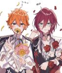  2boys akehoshi_subaru blue_eyes blush bouquet ensemble_stars! flower flower_over_mouth glasses highres holding holding_bouquet looking_at_viewer male_focus multiple_boys orange_hair parted_lips pink_flower pink_rose rabi_(r_b_0215) red_flower red_hair red_rose rose saegusa_ibara short_hair sunflower teeth translation_request white_background white_flower white_rose yellow_flower 