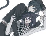  2boys animal_ears arm_up black_headwear black_scarf brown_eyes buttons cat_boy cat_ears cat_tail checkered_clothes checkered_scarf danganronpa_(series) danganronpa_v3:_killing_harmony fangs hug jacket long_sleeves looking_at_viewer looking_up lying medium_hair multiple_boys oma_kokichi on_back on_side pants purple_eyes saihara_shuichi scarf seuli_(sa404_3) short_hair simple_background smile striped striped_jacket striped_pants tail teeth upper_teeth_only white_background white_scarf 