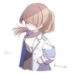  blue_archive blue_armband brown_hair brown_skirt closed_eyes female_sensei_(blue_archive) highres labcoat long_hair open_labcoat shirt simple_background skirt sorakuu white_background white_shirt 