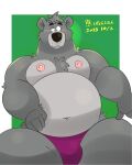  2023 absurd_res anthro baloo bear belly big_belly black_nose blush bulge clothing cute_fangs grey_body hi_res kemono m2vcjtad5hsdvla male mammal moobs navel nipples overweight overweight_male simple_background sitting solo the_jungle_book underwear 
