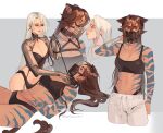  2girls absurdres animal_ears bbybluemochi breasts cat_ears collar dominatrix earrings grey_background harness highres jewelry leash looking_at_viewer multiple_girls muzzle original small_breasts tattoo underwear white_hair yuri 