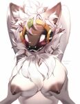  2023 areola artist_name blush breast_grab breasts dated duo facial_blush female female_focus fur golub_lol hair hand_on_breast hi_res machine nipples protogen raised_arms simple_background solo_focus white_background white_body white_fur white_hair 