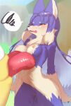  absurd_res anthro blue_body blue_fur blush breasts canid canine duo female fox frustrated fur genitals hair hands_behind_back hi_res mammal monster_rancher multicolored_body multicolored_fur multicolored_hair nipples onikuman pussy suezo_(monster_rancher) tecmo tongue two_tone_body two_tone_fur two_tone_hair yellow_eyes 