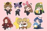  4boys 4girls beer_mug black_jacket black_pants blonde_hair blue_eyes blue_hair brown_eyes brown_hair charmmy_kitty charmmy_kitty_(cosplay) chesed_(project_moon) cosplay cup gebura_(project_moon) green_hair gudetama hairband highres hod_(project_moon) jacket kiki_(little_twin_stars) kiki_(little_twin_stars)_(cosplay) kuromi kuromi_(cosplay) lala_(little_twin_stars) lala_(little_twin_stars)_(cosplay) lobotomy_corporation long_hair malkuth_(project_moon) mu46016419 mug multiple_boys multiple_girls my_melody my_melody_(cosplay) netzach_(project_moon) pants pink_background pompompurin pompompurin_(cosplay) project_moon purple_hair red_hair sanrio simple_background tiphereth_a_(project_moon) tiphereth_b_(project_moon) very_long_hair yellow_hairband yesod_(project_moon) 