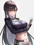  1girl adjusting_clothes adjusting_gloves ascot breasts brown_eyes brown_hair epaulettes gloves goddess_of_victory:_nikke hatenoga id_card large_breasts long_hair looking_at_viewer marciana_(nikke) military_uniform navel_piercing pants piercing solo straight_hair tight_clothes tight_pants uniform white_gloves white_pants 