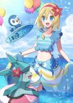  1girl balloon blonde_hair blue_eyes blue_sky cloud cloudy_sky cosplay flower glaceon gloria_(pokemon) gloria_(pokemon)_(cosplay) gloria_(summer_2021)_(pokemon) haru_(haruxxe) highres irida_(pokemon) jewelry lifebuoy midriff navel necklace ocean official_alternate_costume open_mouth outdoors piplup pokemon pokemon_(creature) pokemon_(game) pokemon_legends:_arceus pokemon_masters_ex red_flower sky surfboard water 