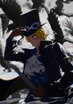  1boy adjusting_clothes adjusting_headwear ascot bird blonde_hair cowboy_shot crow gloves goggles goggles_on_headwear hat highres lead_pipe long_sleeves looking_at_viewer male_focus mygiorni one_piece sabo_(one_piece) scar scar_on_face shirt short_hair smile solo too_many too_many_birds top_hat white_ascot 