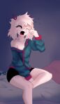  absurd_res allyleekat anthro bare_legs bed bovid caprine clothed clothing deltarune fur furniture goat hi_res male mammal open_mouth pajamas ralsei rubbing_eyes solo tired undertale_(series) underwear waking_up white_body white_fur yawn 