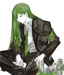  1boy black_jacket black_pants brown_eyes can closed_mouth collared_shirt enkephalin_(project_moon) green_armband green_hair green_necktie jacket lobotomy_corporation long_hair long_sleeves looking_to_the_side male_focus necktie netzach_(project_moon) nishikujic pants project_moon shirt simple_background sitting solo very_long_hair white_background white_shirt wing_collar 