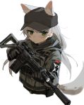  1girl animal_ears assault_rifle bandage_on_face bandages cat_ears cat_girl cat_tail flashlight frown gloves green_eyes grey_hair gun hara_shoutarou hat highres hood jacket long_hair original patch rifle shadow solo suppressor tail weapon white_background 