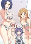  +_+ 4girls ahoge animal_print arm_under_breasts bikini blonde_hair blue_hair blush bow breasts brown_eyes brown_hair ceiling ceiling_light cleavage collarbone cow_horns cow_print dot_nose fake_horns front-tie_bikini_top front-tie_top green_eyes hand_on_own_face hands_on_own_thighs highres hood hood_up hoodie horns idolmaster idolmaster_(classic) idolmaster_million_live! idolmaster_million_live!_theater_days indoors large_breasts leaning_forward long_hair looking_at_viewer matsuda_arisa medium_breasts miura_azusa mochizuki_anna momose_rio multiple_girls navel one_eye_closed open_mouth parted_lips perapera pigeon-toed purple_hair red_eyes short_hair side-tie_bikini_bottom sitting small_breasts smile standing swimsuit tile_ceiling tiles twintails 