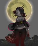  1girl alternate_breast_size asymmetrical_hair bare_shoulders black_eyes black_hair black_pants breasts cephalopod_eyes chest_sarashi flower full_moon groin hair_flower hair_ornament hair_over_one_eye hair_stick hand_fan hideyoshi_(swliyhbpe9xqqze) highres holding holding_fan horizontal_pupils legs_apart looking_at_viewer medium_breasts medium_hair moon navel official_alternate_costume pants parted_lips pink_pupils pink_trim red_flower red_hair sarashi shiver_(splatoon) solo spider_lily splatoon_(series) splatoon_3 standing suction_cups tentacle_hair 