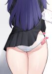  1girl absurdres ass ass_focus black_skirt blue_archive clothes_lift condom condom_in_clothes condom_wrapper heart highres lifted_by_another long_hair miniskirt panties pleated_skirt purple_hair samyukgoo369 skirt skirt_lift solo_focus two_side_up underwear white_panties yuuka_(blue_archive) 