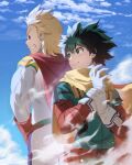  2boys absurdres back-to-back blonde_hair blue_sky boku_no_hero_academia cape freckles gloves green_eyes green_hair hand_on_own_hip highres looking_back looking_to_the_side matsumotoshinnnosuke messy_hair midoriya_izuku multiple_boys muscular muscular_male red_cape red_gloves sky smile smoke togata_mirio white_gloves yellow_cape 