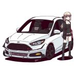  1girl artoria_pendragon_(fate) belt black_bow black_footwear black_jacket black_shirt black_shorts blonde_hair boots bow car closed_mouth fate/grand_order fate_(series) ford ford_focus_st hair_bow hand_in_pocket jacket jestami knee_boots looking_at_viewer medium_hair motor_vehicle open_clothes open_jacket pale_skin ponytail saber_alter saber_alter_(ver._shinjuku_1999)_(fate) shirt shorts signature solo vehicle_focus white_belt yellow_eyes 