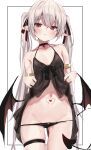  1girl :o abby_(toshizou) absurdres armlet black_dress black_ribbon black_tail black_wings blush breasts demon_girl demon_tail demon_wings dress grey_hair hair_ribbon highres lifted_by_self long_hair looking_at_viewer low_wings navel original parted_lips pendant_choker pointy_ears red_eyes ribbon small_breasts solo standing stomach_tattoo tail tattoo thigh_strap toshizou_(0714) twintails very_long_hair wings 