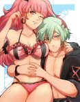  1boy 1girl absurdres bare_shoulders bikini black_jacket blush breasts byleth_(fire_emblem) byleth_(male)_(fire_emblem) cleavage collarbone commentary commission earrings fire_emblem fire_emblem:_three_houses fire_emblem_heroes green_eyes green_hair grin highres hilda_valentine_goneril jacket jewelry large_breasts long_hair looking_at_viewer navel off-shoulder_bikini off_shoulder official_alternate_costume one_eye_closed open_clothes open_jacket own_hands_together pink_bikini pink_eyes pink_hair second-party_source short_sleeves sierra117renner smile stomach swimsuit upper_body very_long_hair 