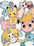  :d :o animal_focus artist_name blue_skin brown_fur closed_mouth colored_skin commentary_request ditto facial_mark hanabusaoekaki highres jigglypuff jirachi looking_back marill mew_(pokemon) no_humans open_mouth pikachu pink_skin pokemon pokemon_(creature) pout purple_skin raised_eyebrows sentret simple_background smile solid_oval_eyes tail tanzaku white_background white_skin wooper yellow_skin 