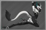  2022 anthro armwear big_butt butt clothed clothing collar corset digital_media_(artwork) fur gloves hair handwear hi_res latex legwear lingerie linuell looking_at_another looking_at_viewer male mammal open_mouth partially_clothed rubber rubber_clothing sergal simple_background smile solo stockings tail topwear white_body 