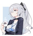  1girl absurdres black_jacket blue_background breasts bronya_zaychik bronya_zaychik_(silverwing:_n-ex) closed_mouth cropped_torso cup earrings error1980 grey_eyes grey_hair hair_between_eyes hand_up highres holding holding_cup honkai_(series) honkai_impact_3rd jacket jewelry large_breasts long_hair long_sleeves official_alternate_costume open_clothes open_jacket pink_pupils seele_vollerei solo two-tone_background upper_body white_background 