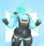  2023 absurd_res belt biceps biped blue_body bottomwear clothed clothing digital_media_(artwork) epic_games fingerless_gloves fortnite gloves goo_creature goo_humanoid handwear hi_res humanoid lledcance looking_at_viewer male muscular muscular_humanoid muscular_male open_mouth open_smile pants pecs pose rippley_(fortnite) smile solo standing 