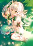  &gt;_&lt; 2girls :x arm_support bare_shoulders bloomers blurry blurry_background blush bow bracelet braid commentary_request cross-shaped_pupils dot_mouth flower full_body genshin_impact gold_trim green_background green_bow green_eyes gu_gu_da_mo_wang hair_between_eyes hair_flower hair_ornament highres jewelry leaf leaf_hair_ornament long_hair looking_at_viewer lumine_(genshin_impact) multiple_girls nahida_(genshin_impact) navel pointy_ears side_ponytail sitting sleeveless stirrup_footwear symbol-shaped_pupils toeless_footwear underwear wariza white_bloomers white_flower white_footwear white_hair 