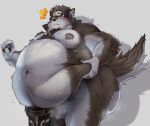  2021 absurd_res accessory anthro belly belly_grab big_belly big_butt blush brown_body brown_fur brown_hair butt canid canine canis chest_tuft fluffy fupa fur grey_body grey_fur hair headband hi_res horkeu_kamui_(tas) huge_belly huge_butt lifewonders looking_at_viewer love_handles male mammal moobs motion_lines musk musk_clouds navel nipples obese obese_anthro obese_male orange_eyes overweight overweight_anthro overweight_male ryuhayabusa7644 solo standing thick_thighs tokyo_afterschool_summoners tuft wolf 