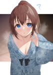  1girl :o ? binsen blue_eyes blue_kimono blush breasts brown_hair cleavage collarbone highres idolmaster idolmaster_million_live! japanese_clothes kimono large_breasts leaning_forward letterboxed looking_at_viewer patterned_clothing ponytail satake_minako solo steam 